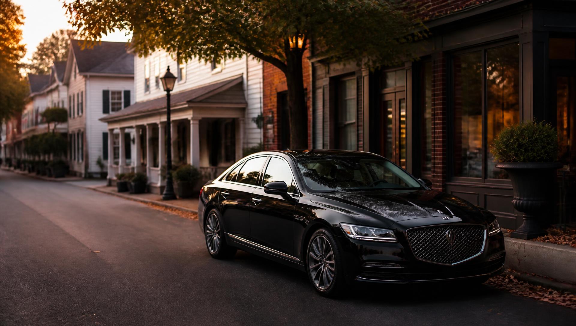 Black executive sedan parked on a village street in Rhinebeck, New York at golden hour