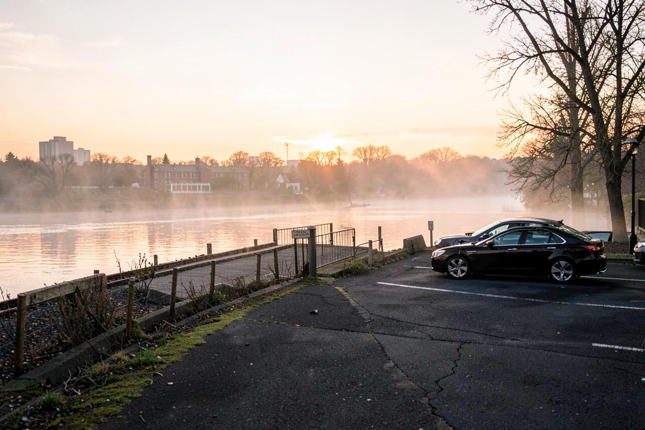 A dark sedan waiting in the parking area of a Hudson River train station at sunrise